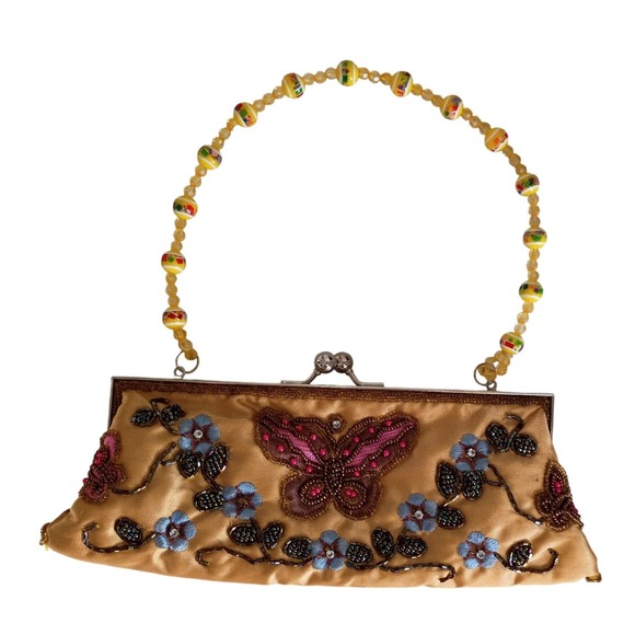 Vintage 1950s Women\'s Lucite Handle Beaded Butterfly Evening Bag Gold Satin
